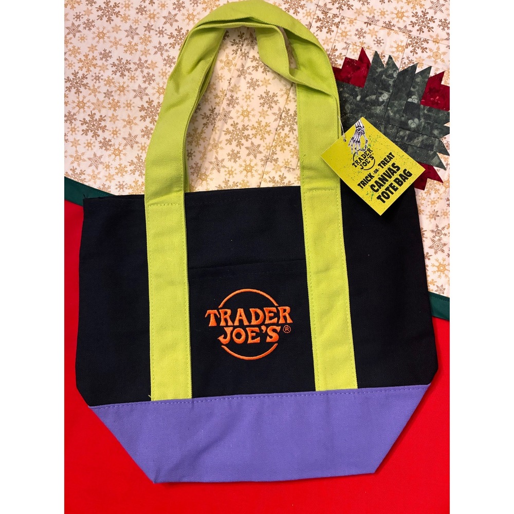 Trader Joes Trick or Treat Canvas Mini Tote Bag Black Green Purple NWT 81415